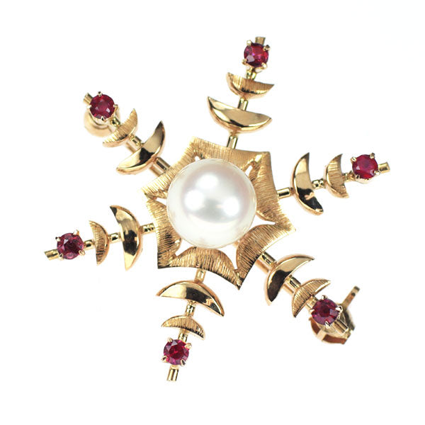 K14PG アコヤ 真珠 ルビー ブローチ兼ペンダントトップ 径約7.2mm 雪の結晶