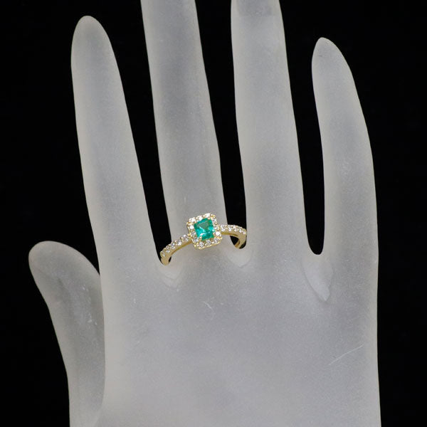 新品 K18YG コロンビア産 F1エメラルド ダイヤモンド リング 0.42ct D0.29ct 【エスコレ】