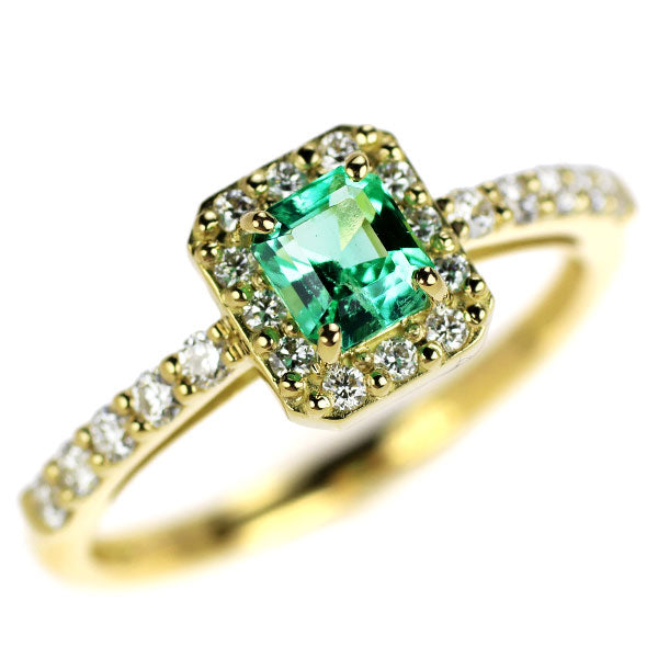 新品 K18YG コロンビア産 F1エメラルド ダイヤモンド リング 0.42ct D0.29ct 【エスコレ】