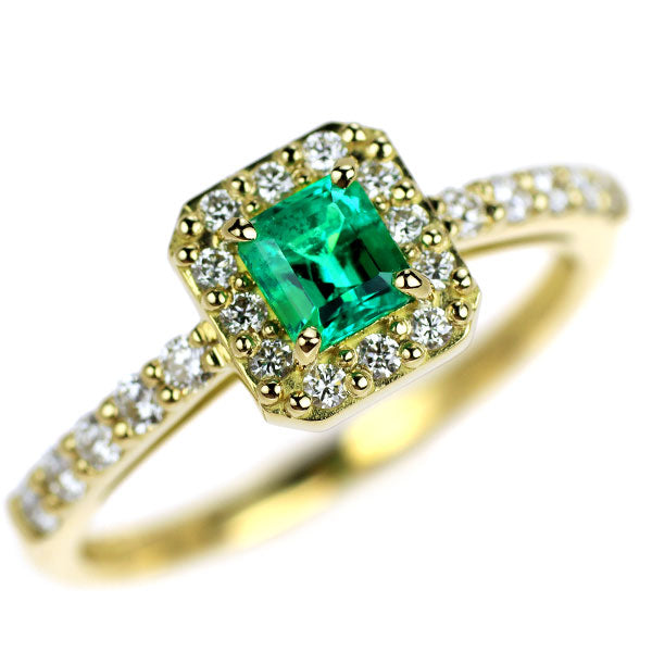 新品 K18YG コロンビア産 F1エメラルド ダイヤモンド リング 0.33ct D0.29ct 【エスコレ】
