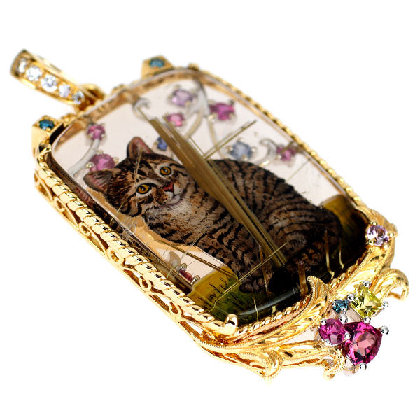 梶光夫 K18YG/WG ルチルクオーツ カラーストーン ダイヤモンド ペンダントトップ CS1.48ct D0.14ct 猫