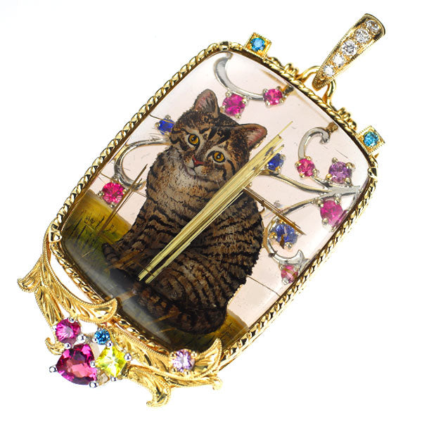 梶光夫 K18YG/WG ルチルクオーツ カラーストーン ダイヤモンド ペンダントトップ CS1.48ct D0.14ct 猫