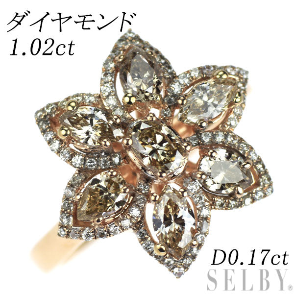 K18PG ダイヤモンド リング 1.02ct D0.17ct フラワー