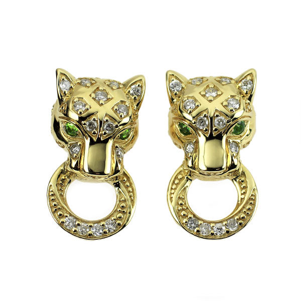 K18YG グリーンガーネット ダイヤモンド ピアス 0.10ct D0.30ct アニマル