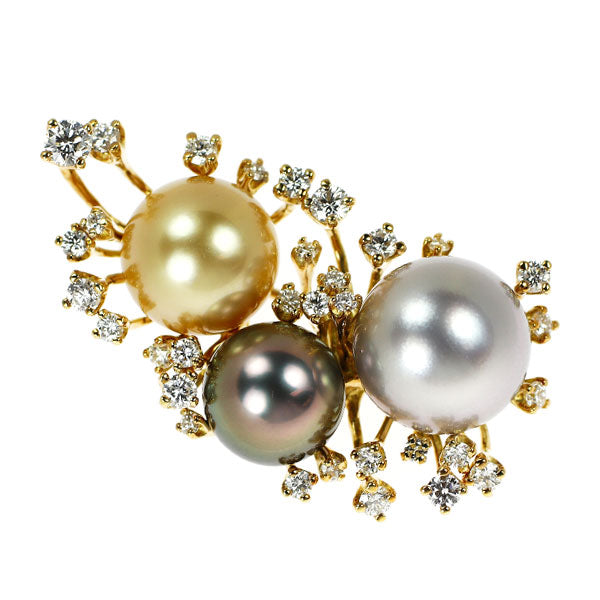 木下真珠 K18YG 白蝶/黒蝶 真珠 ダイヤモンド ブローチ 径約9.0-11.2mm D0.96ct
