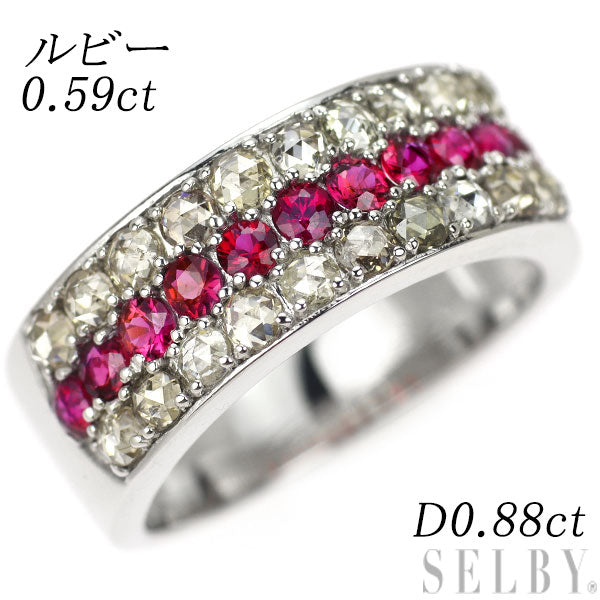 K18WG ルビー ローズカットダイヤモンド リング 0.59ct D0.88ct  
