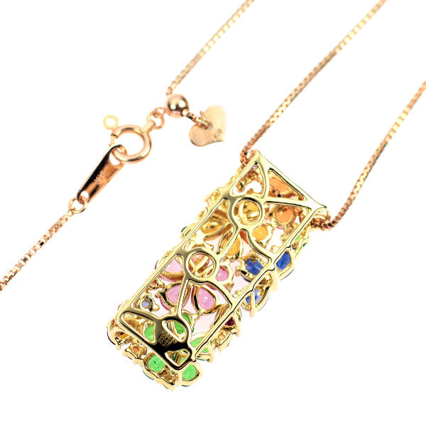 K18YG/PG ファンシーカラーサファイア ルビー グリーンガーネット ペンダントネックレス 2.85ct R0.37ct G0.68ct フラワー