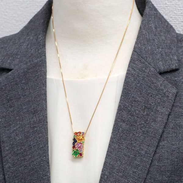 K18YG/PG ファンシーカラーサファイア ルビー グリーンガーネット ペンダントネックレス 2.85ct R0.37ct G0.68ct フラワー