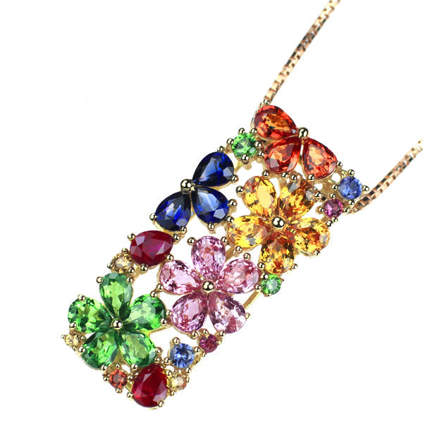 K18YG/PG ファンシーカラーサファイア ルビー グリーンガーネット ペンダントネックレス 2.85ct R0.37ct G0.68ct フラワー