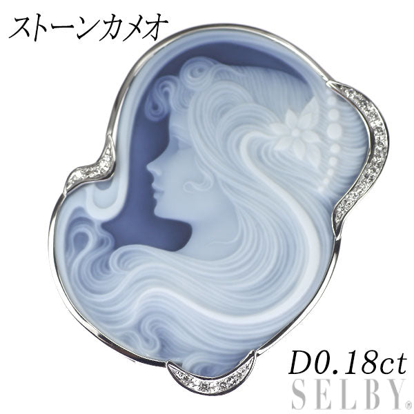 K18WG ストーンカメオ ダイヤモンド ブローチ D0.18ct K.P.MILLS