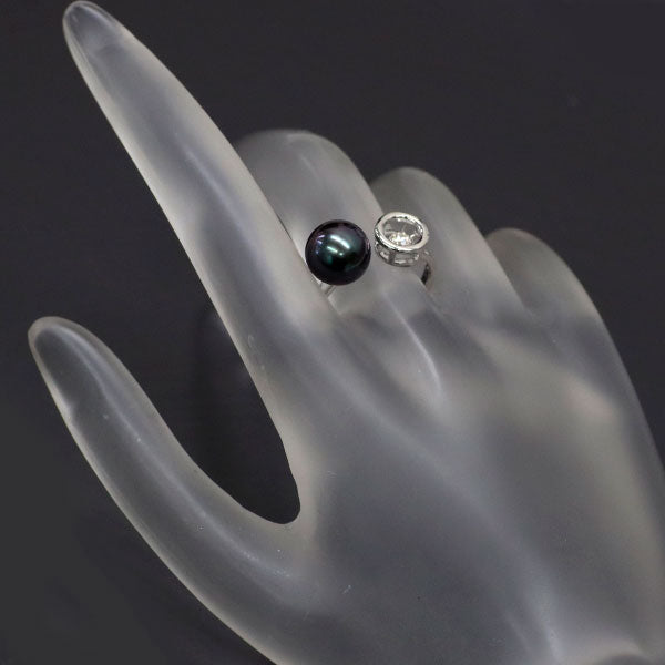 K18WG 黒蝶真珠 ダイヤモンド フォークリング 径約9.0mm D0.10ct