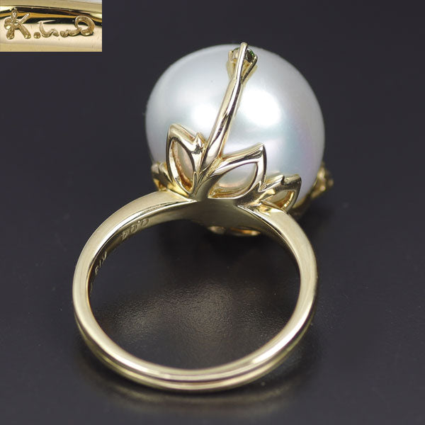 ケイウノ K18YG 白蝶 真珠/パール ガーネット デマントイドガーネット ダイヤモンド リング 径約 14.7mm D0.04ct