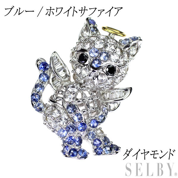 K18YG/WG ブルー/ホワイトサファイア ダイヤモンド ペンダントトップ 猫