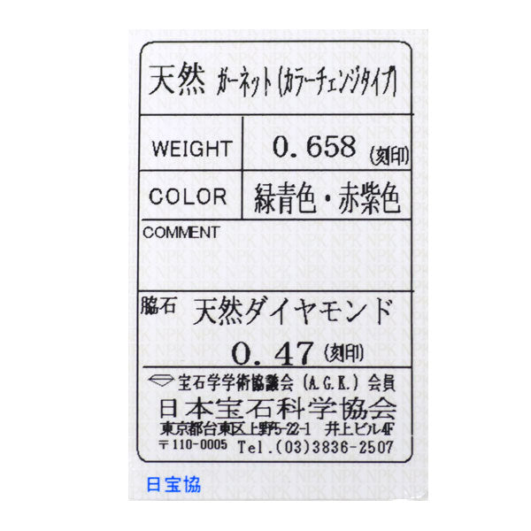 Pt900 カラーチェンジ ガーネット ダイヤモンド リング 0.658ct D0.47ct