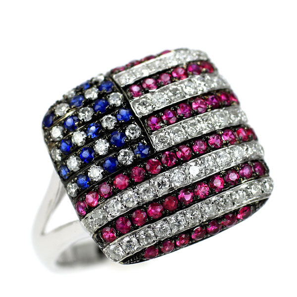 ブラックコーティング/ K18WG ダイヤモンド ルビー  サファイア リング 0.45ct R0.40ct S0.10ct 星条旗 パヴェ