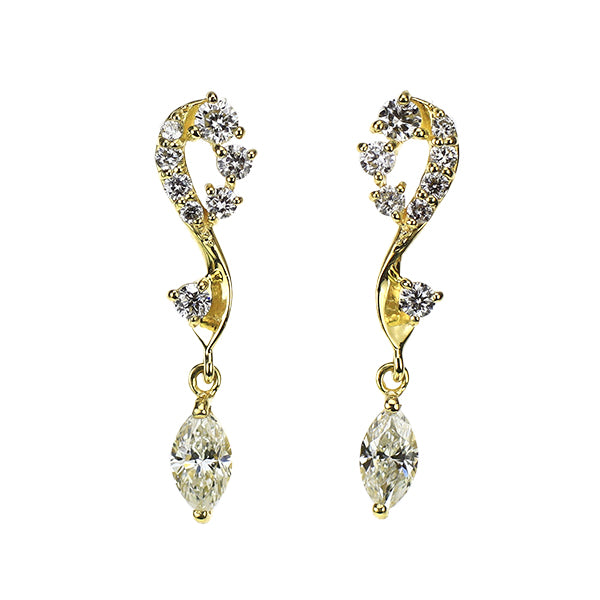 K18YG マーキスカット ダイヤモンド ピアス 0.28ct D0.18ct