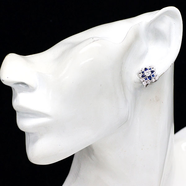 Pt900 サファイア ダイヤモンド イヤリング 1.28ct D0.43ct