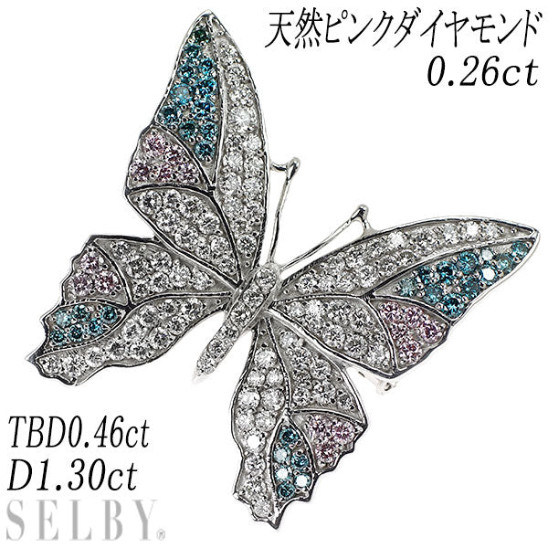 K18WG/K14WG 天然ピンクダイヤモンド ブローチ兼ペンダントトップ 0.26ct D1.30ct TBD0.46ct 蝶
