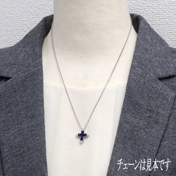 K18WG サファイア ダイヤモンド ペンダントトップ D0.13ct クロス ミステリーセッティング