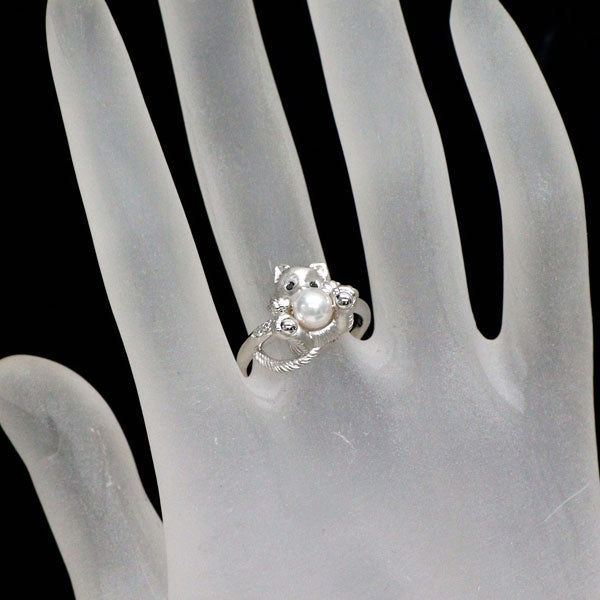 K18WG アコヤベビー 真珠/パール カラーレス/ブラック ダイヤモンド リング 径約5.3mm D0.02ct BD0.01ct 猫 アニマル