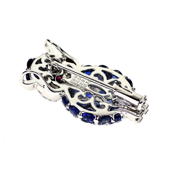 K18WG サファイア ルビー ダイヤモンド ブローチ兼ペンダントトップ 3.00ct R0.08ct D0.10ct ふくろう