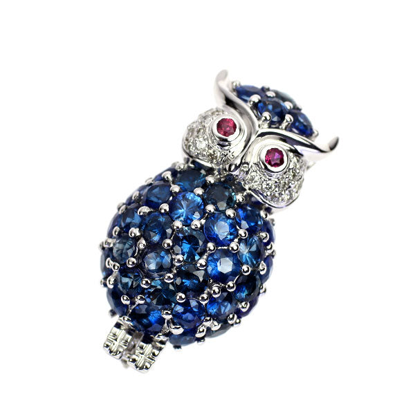 K18WG サファイア ルビー ダイヤモンド ブローチ兼ペンダントトップ 3.00ct R0.08ct D0.10ct ふくろう
