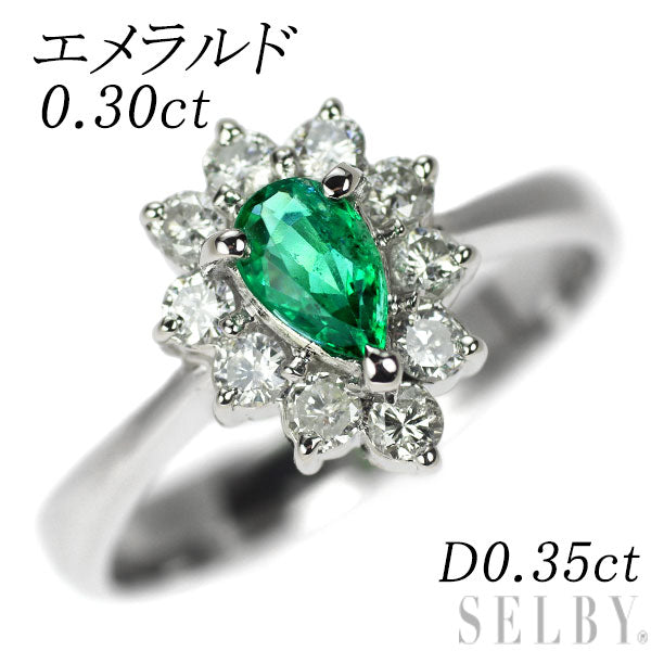 Pt900 ペアシェイプ エメラルド ダイヤモンド リング 0.30ct D0.35ct