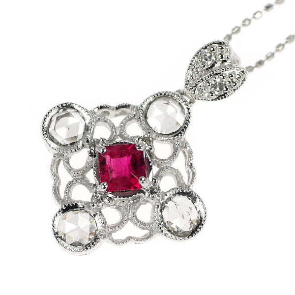希少 K18WG レッドベリル ローズ/シングルカットダイヤモンド ペンダントネックレス 0.25ct D0.44ct