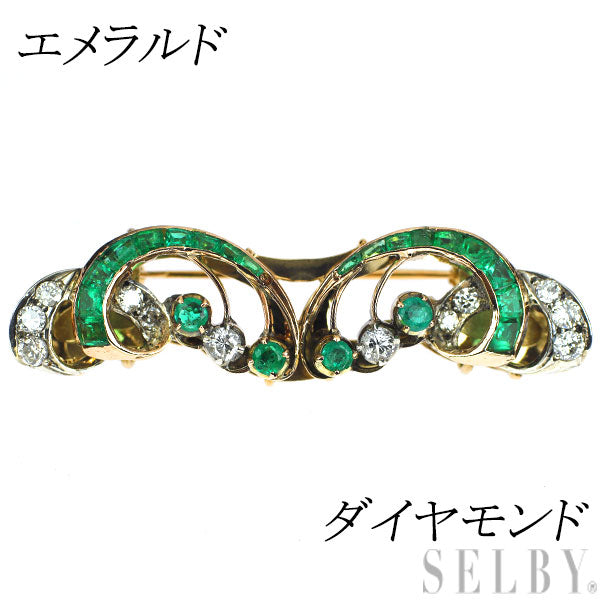 K18YG エメラルド ダイヤモンド ブローチ カリブレカット アンティーク【ヒスコレ】