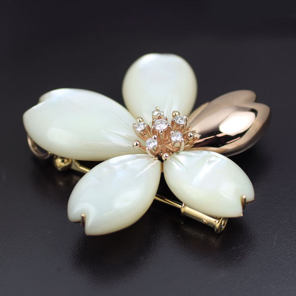 田崎真珠 K18PG/YG シェル ダイヤモンド ブローチ兼ペンダントトップ D0.11ct 桜