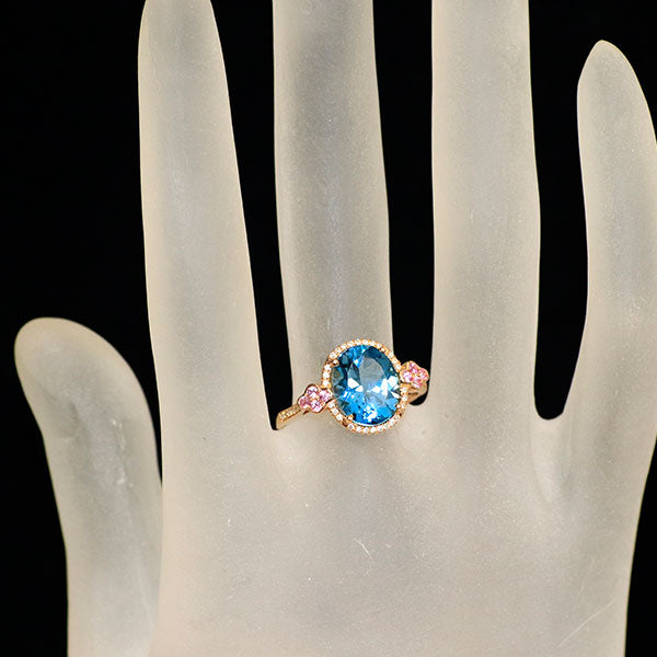 K18PG ブルートパーズ ピンクサファイア ダイヤモンド リング 3.09ct PS0.13ct D0.10ct