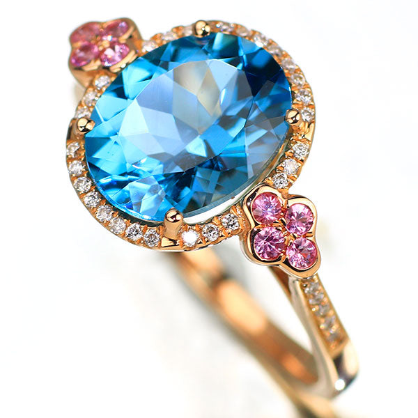 K18PG ブルートパーズ ピンクサファイア ダイヤモンド リング 3.09ct PS0.13ct D0.10ct