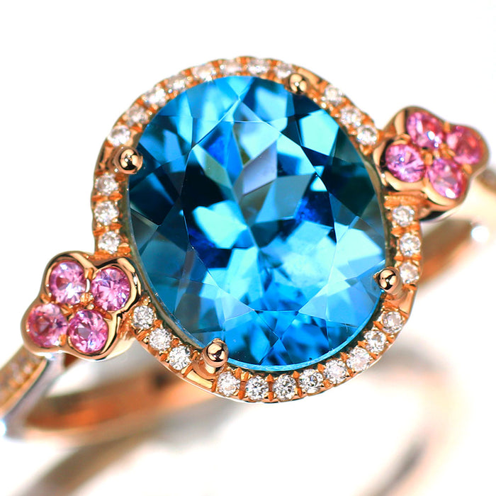 K18PG ブルートパーズ ピンクサファイア ダイヤモンド リング 3.09ct PS0.13ct D0.10ct
