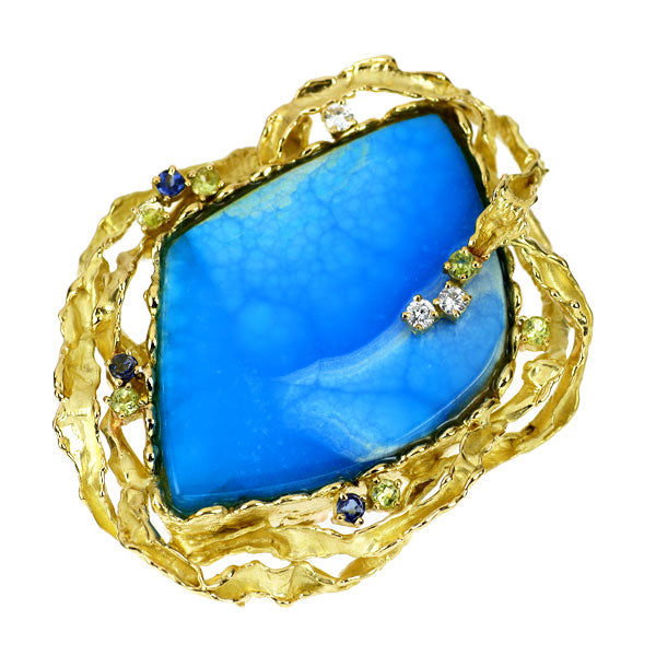 K18YG ヘミモーファイト カラーストーン ダイヤモンド ブローチ 兼 ペンダントトップ 65.99ct CS0.69ct D0.18ct