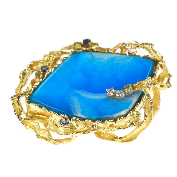 K18YG ヘミモーファイト カラーストーン ダイヤモンド ブローチ 兼 ペンダントトップ 65.99ct CS0.69ct D0.18ct