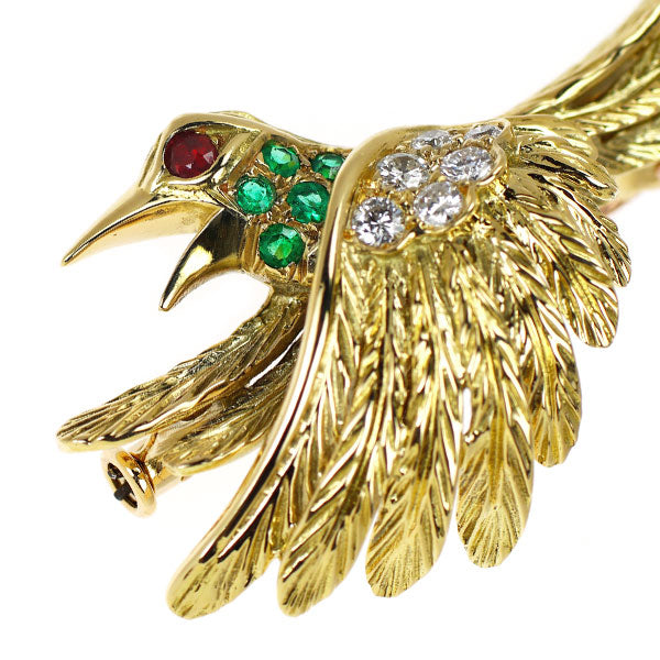ジャンピエールベラン K18YG/PG ダイヤモンド エメラルド/ルビー ブローチ 0.18ct E/R0.15ct 鳥