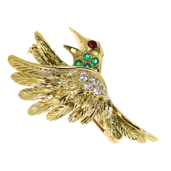 ジャンピエールベラン K18YG/PG ダイヤモンド エメラルド/ルビー ブローチ 0.18ct E/R0.15ct 鳥