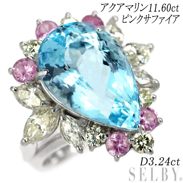 K18WG/ Pt900 アクアマリン ピンクサファイア ダイヤモンド リング 11.60ct D3.24ct