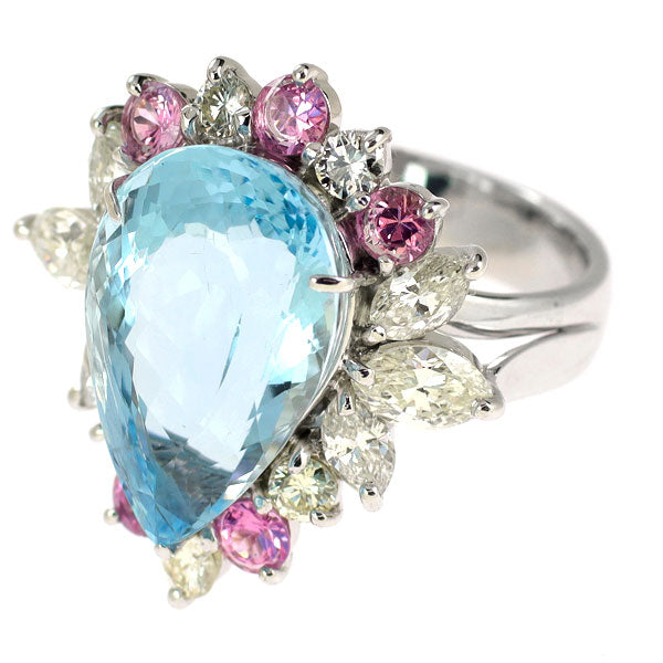 K18WG/ Pt900 アクアマリン ピンクサファイア ダイヤモンド リング 11.60ct D3.24ct