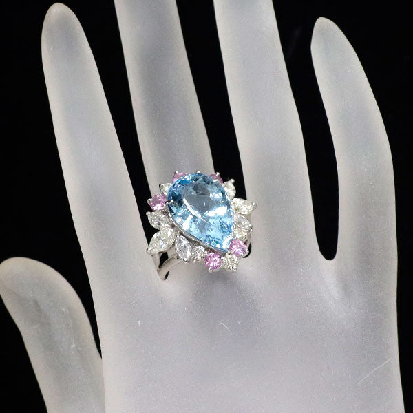 K18WG/ Pt900 アクアマリン ピンクサファイア ダイヤモンド リング 11.60ct D3.24ct