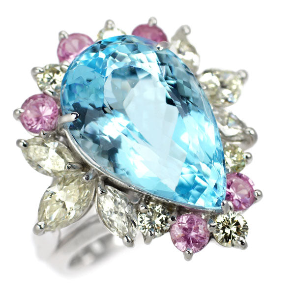 K18WG/ Pt900 アクアマリン ピンクサファイア ダイヤモンド リング 11.60ct D3.24ct