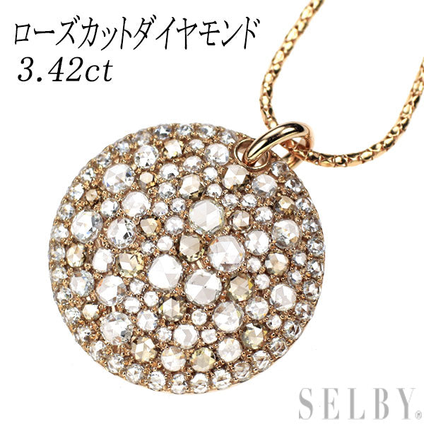 K18PG ローズカットダイヤモンド ペンダントネックレス 3.42ct パヴェ