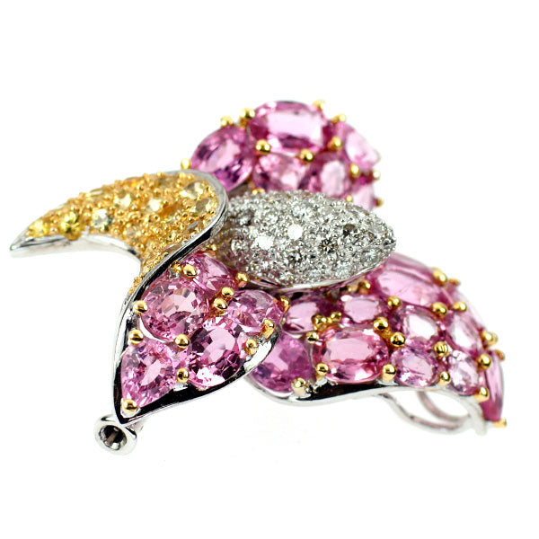 K18YG/WG ピンク/イエローサファイア ダイヤモンド ブローチ兼ペンダントトップ 9.21ct D0.56ct フラワー