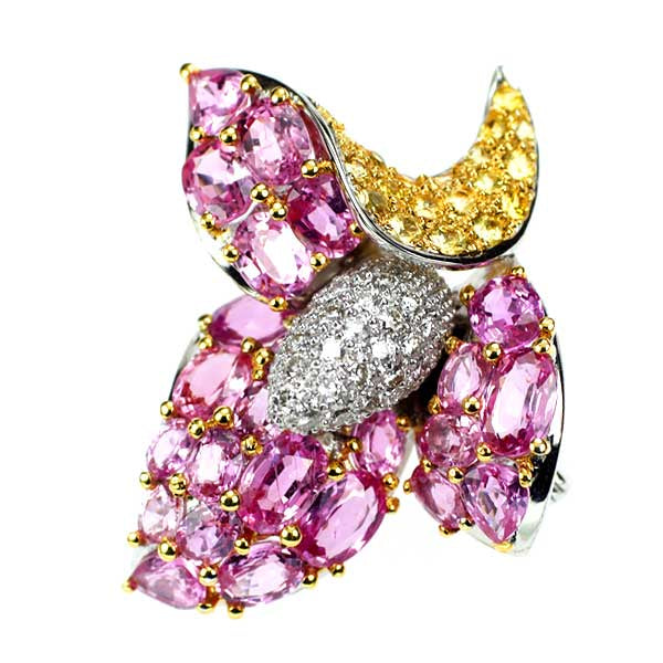 K18YG/WG ピンク/イエローサファイア ダイヤモンド ブローチ兼ペンダントトップ 9.21ct D0.56ct フラワー