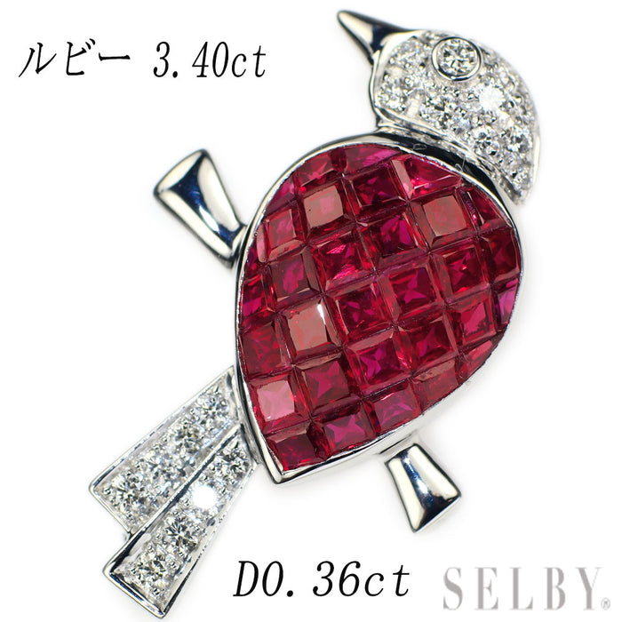 K18WG/K14WG ルビー ダイヤモンド ブローチ兼ペンダントトップ 3.40ct D0.36ct 鳥