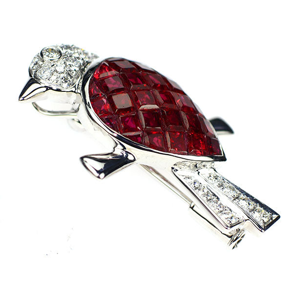 K18WG/K14WG ルビー ダイヤモンド ブローチ兼ペンダントトップ 3.40ct D0.36ct 鳥