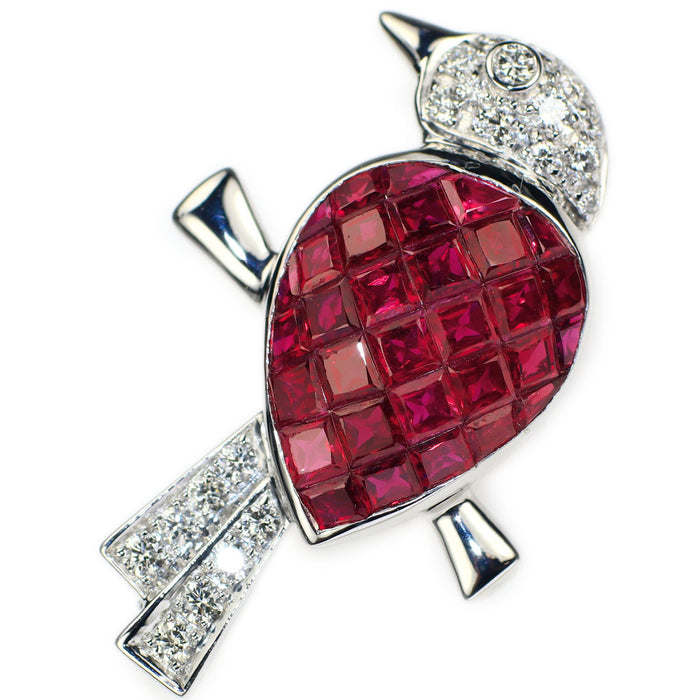 K18WG/K14WG ルビー ダイヤモンド ブローチ兼ペンダントトップ 3.40ct D0.36ct 鳥