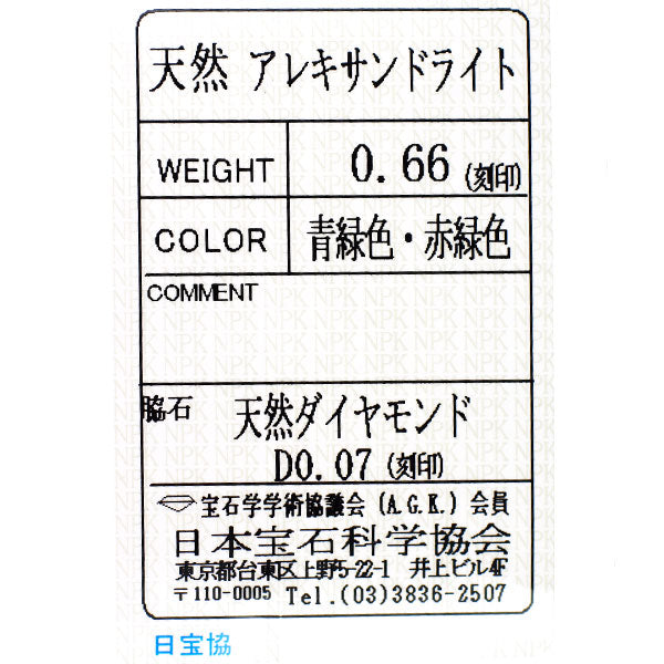 希少 Pt900 アレキサンドライト ダイヤモンド リング 0.66ct D0.07ct
