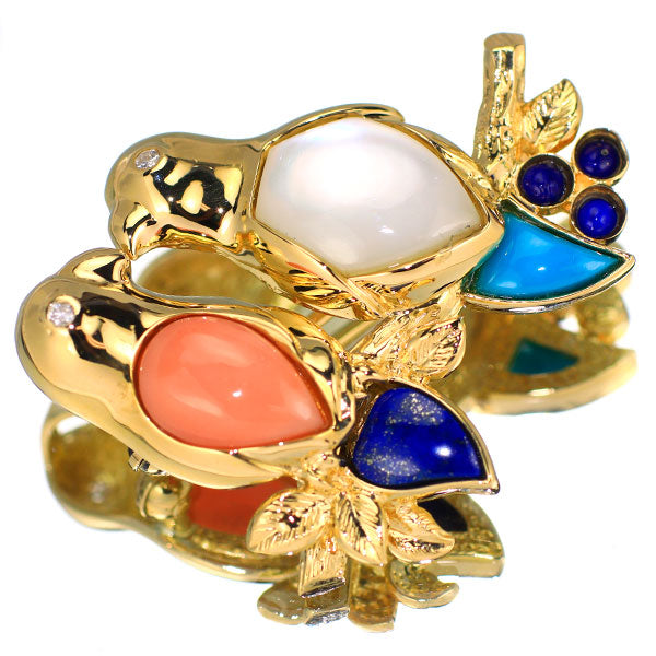 K18YG 珊瑚/サンゴ シェル ラピスラズリ トルコ石 ダイヤモンド