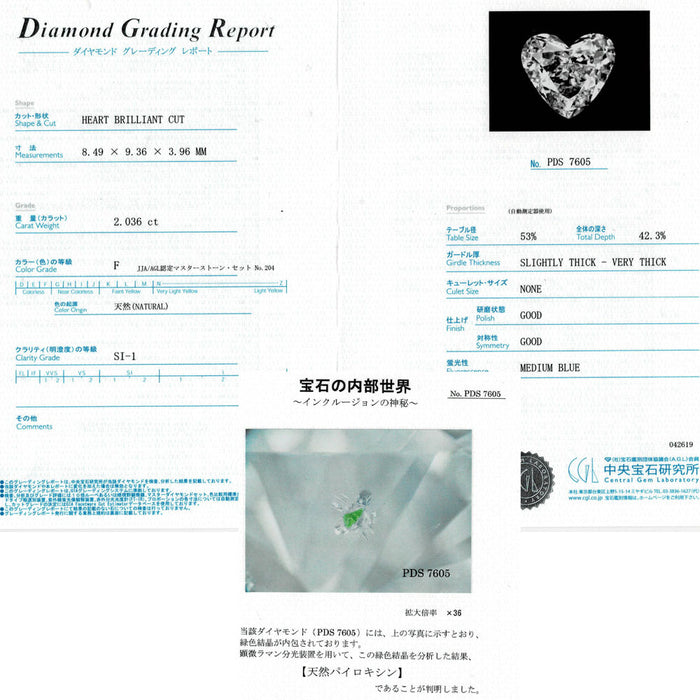 Pt900 希少パイロキシン含有 ハートシェイプ ダイヤモンド リング 2.036ct F SI1 G/G D1.44ct
